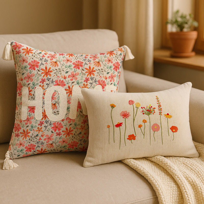 Coussin brodé fleurs écru