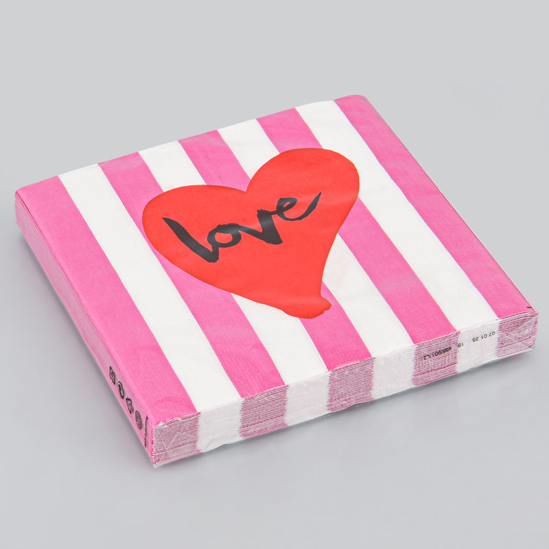 20 serviettes rayées 'Love' rose et rouge 