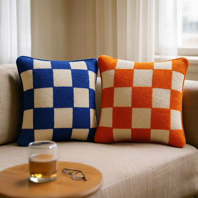 Coussin damier tufté 'Lizzie' bleu et blanc 