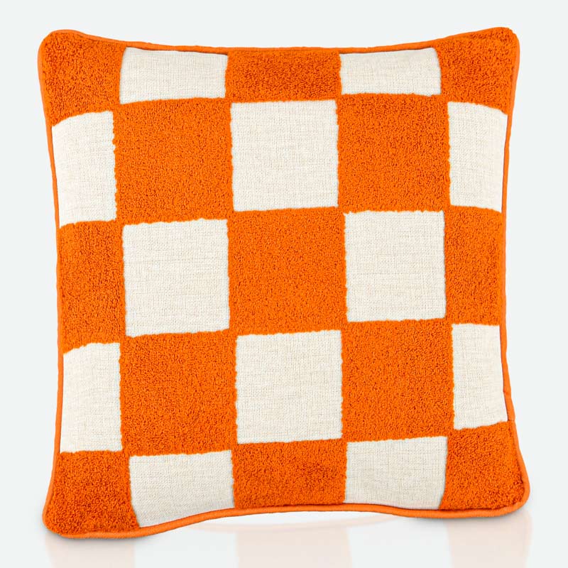 Coussin damier tufté 'Lizzie' orange blanc 