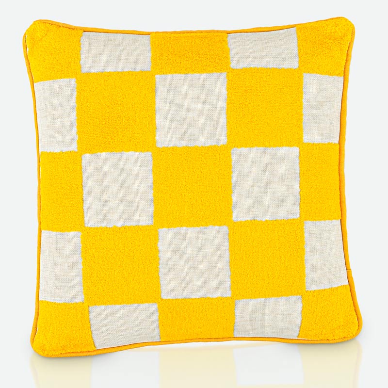 Coussin damier tufté 'Lizzie' jaune et blanc 
