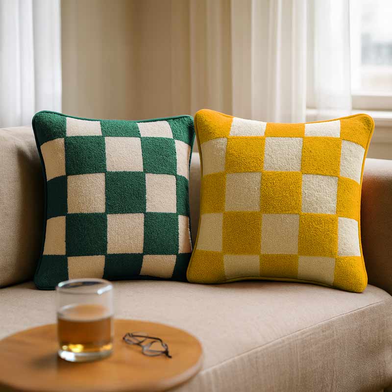 Coussin damier tufté 'Lizzie' jaune et blanc 