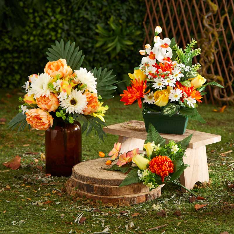 Bouquet fleurs artificielles oranges jaunes