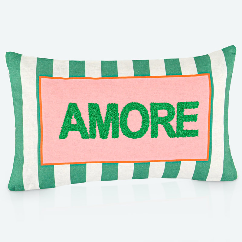 Coussin tufté imprimé 'Amore' vert et rose