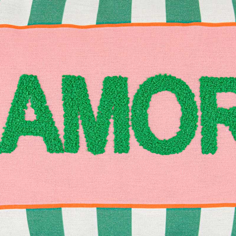 Coussin tufté imprimé 'Amore' vert et rose