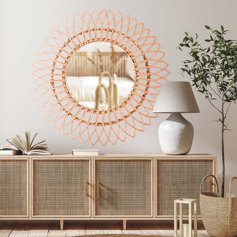 Miroir soleil en rotin marron