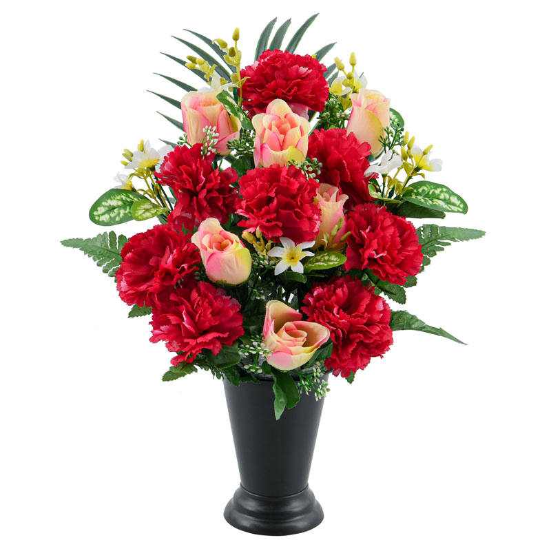 Vase lesté de boutons de roses et oeillets