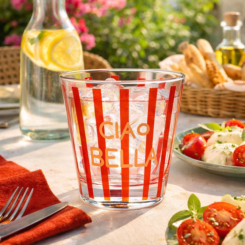 Verre bas 'Ciao Bella' rayé rouge et orange