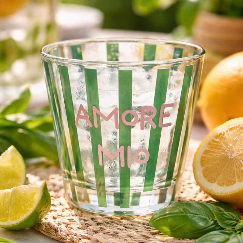 Verre bas 'Amore Mio' rayé vert et rose