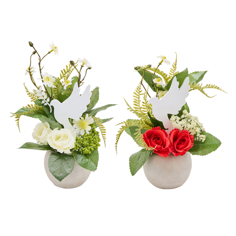 Coupe de fleurs artificielles avec colombe 
