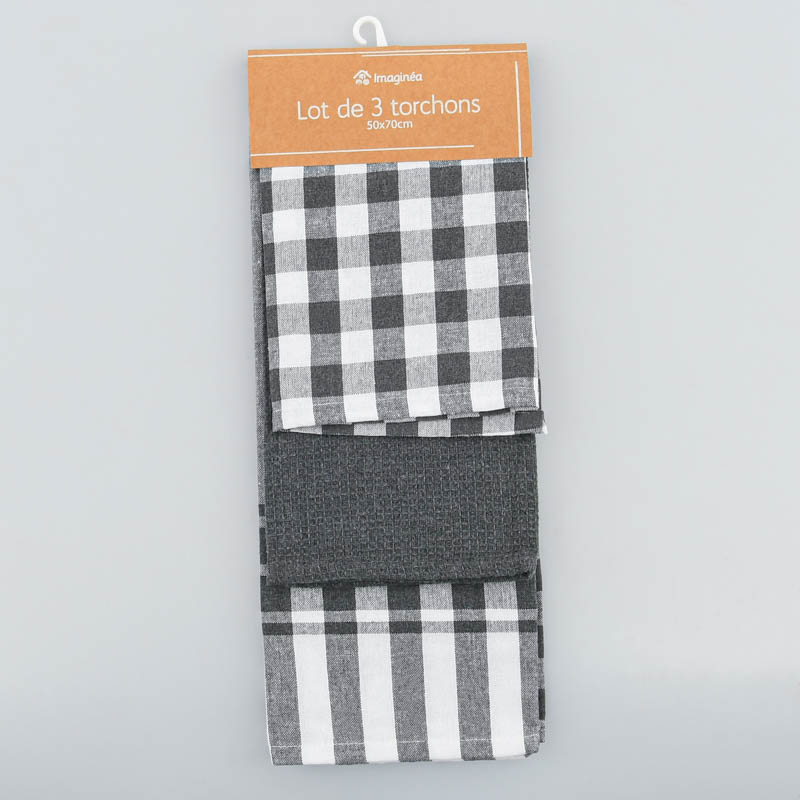 Lot de 3 torchons 'Brigitte' anthracite 
