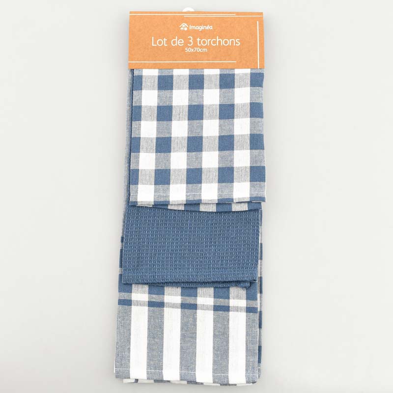 Lot de 3 torchons 'Brigitte' bleu foncé