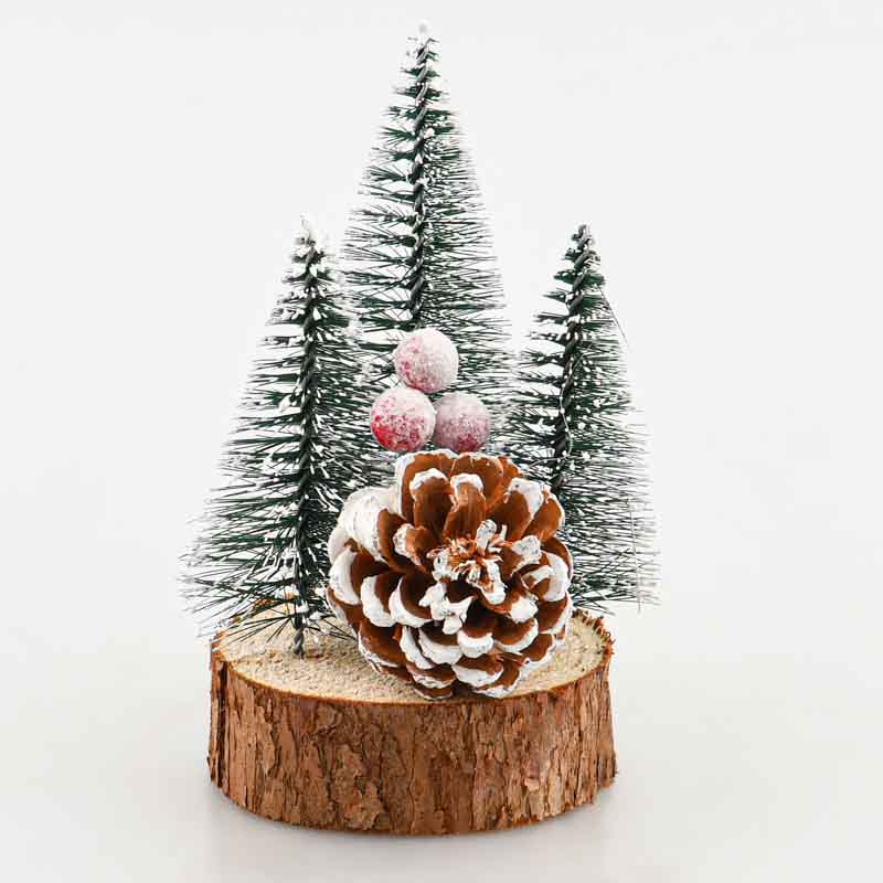 Décoration rondin 3 sapins enneigés 