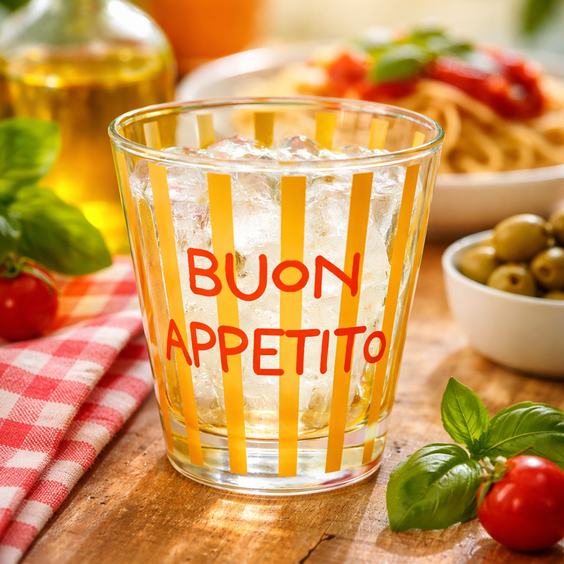 Verre bas 'Buon Appetito' rayé jaune orange