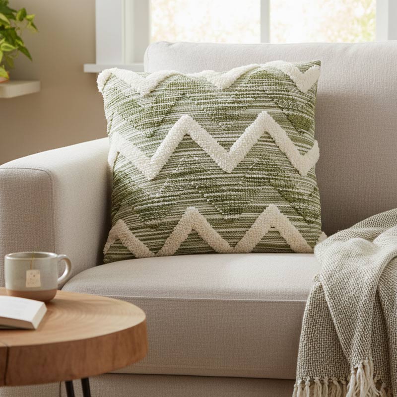 Coussin tufté zigzag 'Mahalia' beige et vert