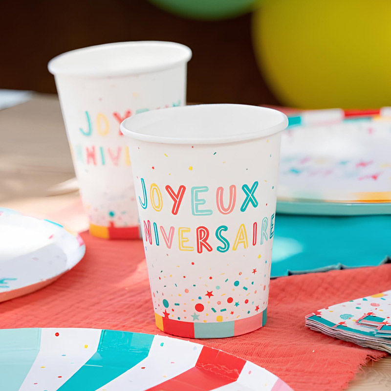 10 gobelets en carton joyeux anniversaire