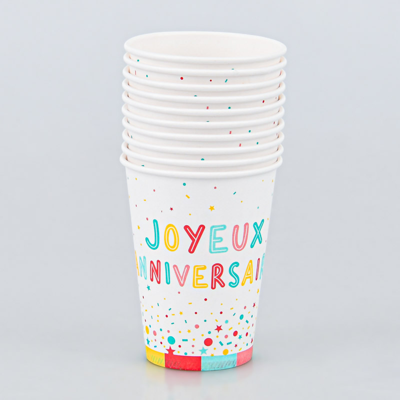 10 gobelets en carton joyeux anniversaire