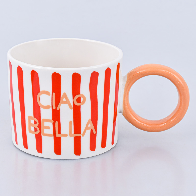 Tasse 'Ciao Bella' rayée rouge et jaune 32cl 