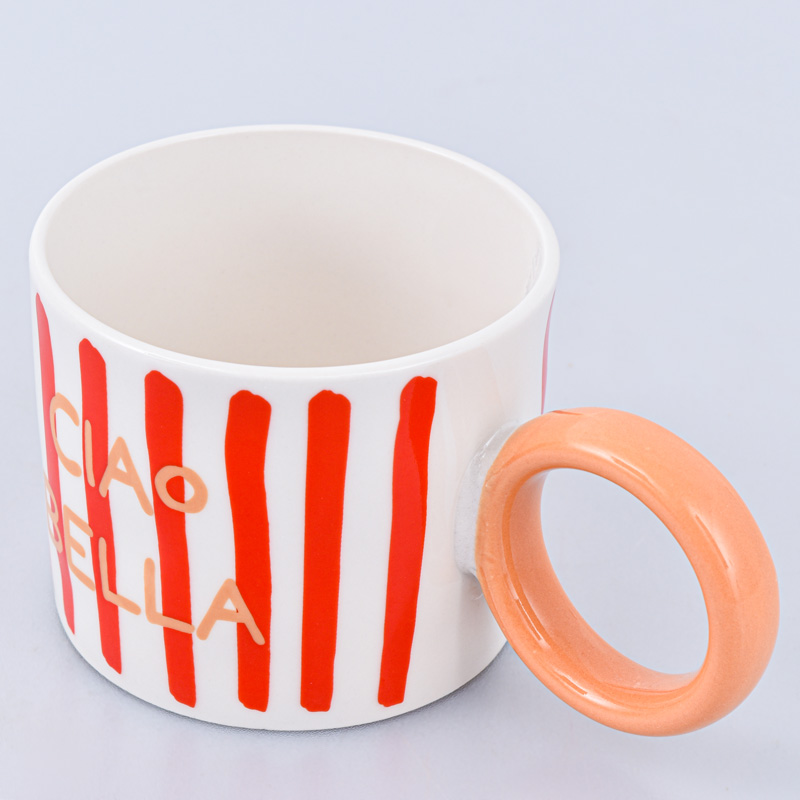 Tasse 'Ciao Bella' rayée rouge et jaune 32cl 