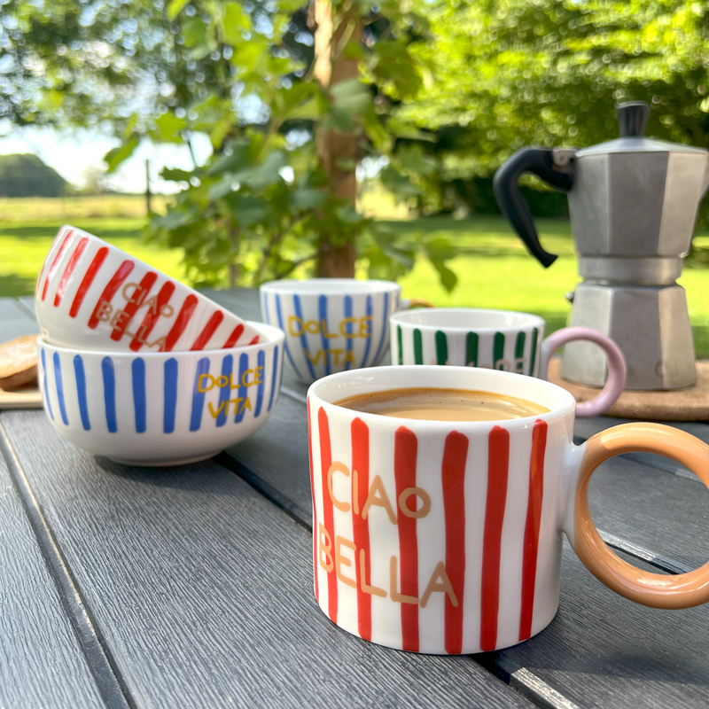 Tasse 'Ciao Bella' rayée rouge et jaune 32cl 