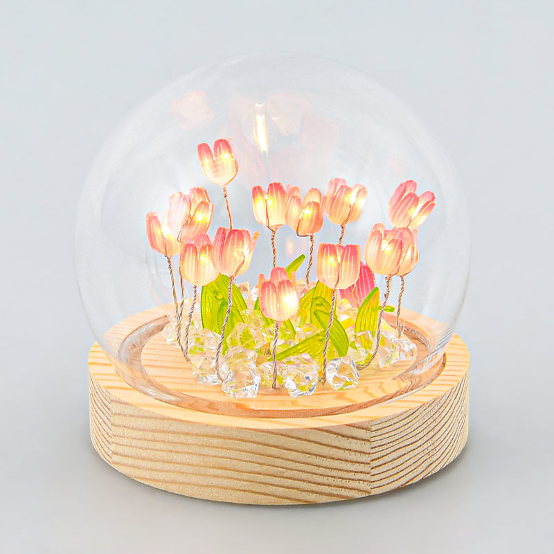 Boule lumineuse tulipes transparente et rose