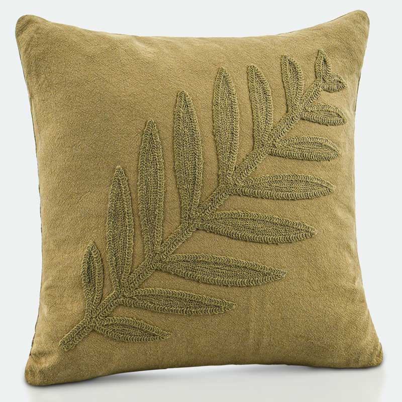 Coussin broderie feuillage vert kaki