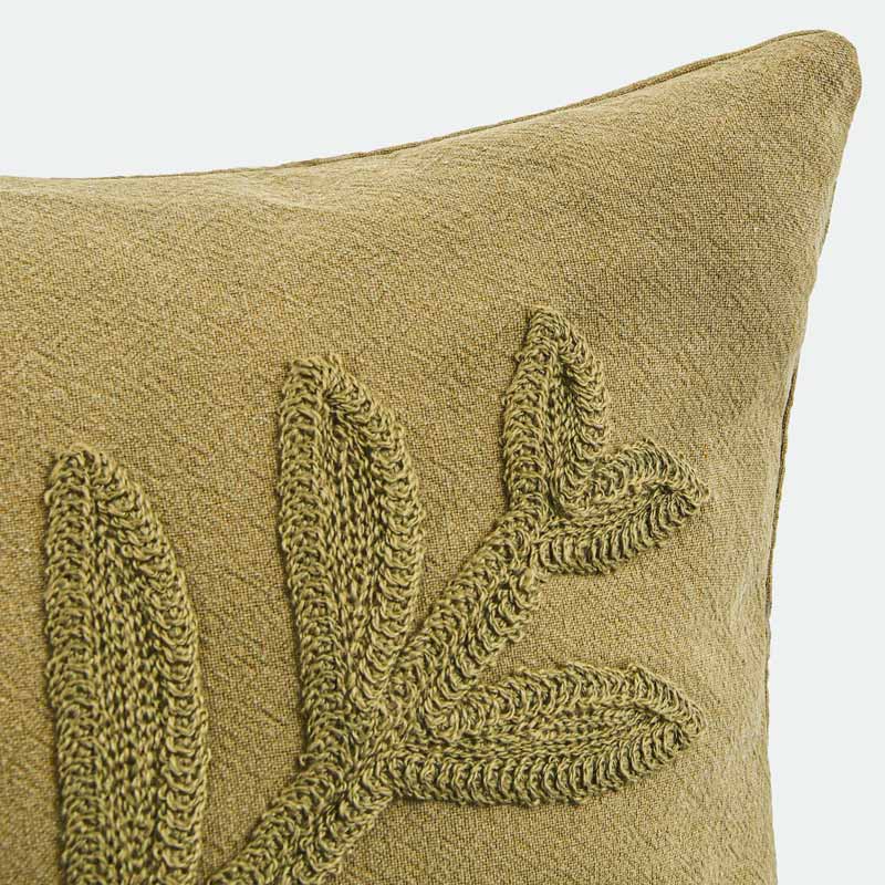 Coussin broderie feuillage vert kaki