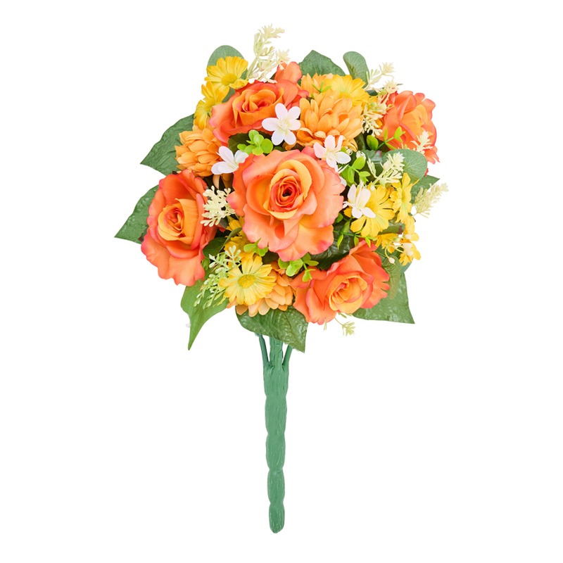 Bouquet de roses, mums et fleurettes orange