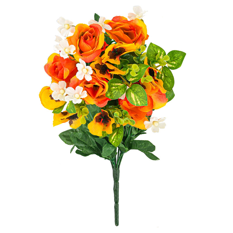 Bouquet de roses pensées et buis orange