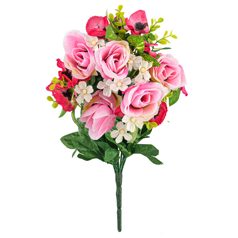 Bouquet de roses pensées et buis rose