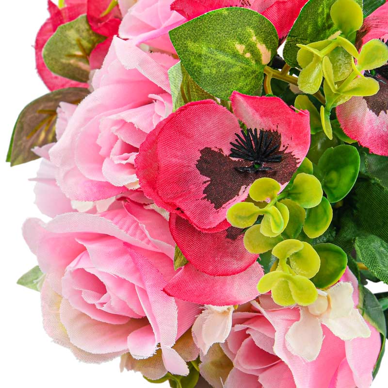 Bouquet de roses pensées et buis rose