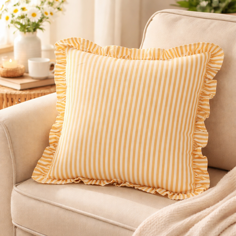 Coussin 'Judy' à volants et lignes jaunes