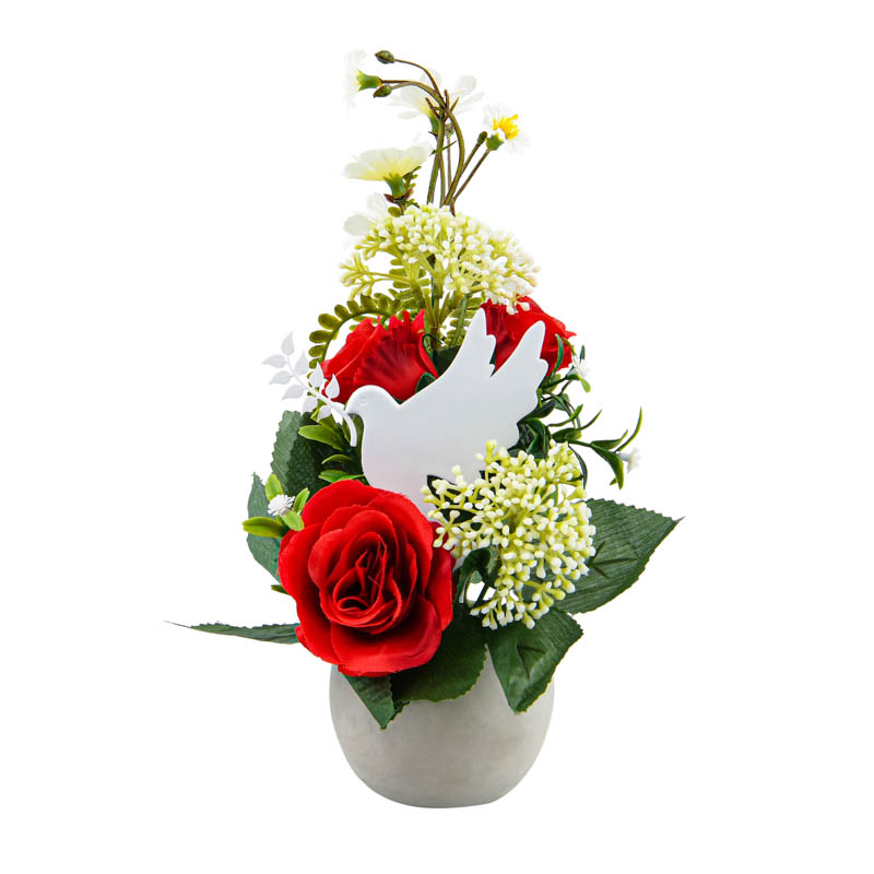 Coupe de fleurs artificielles avec colombe 