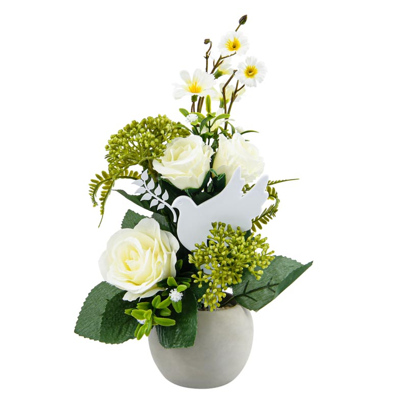 Coupe de fleurs artificielles avec colombe 