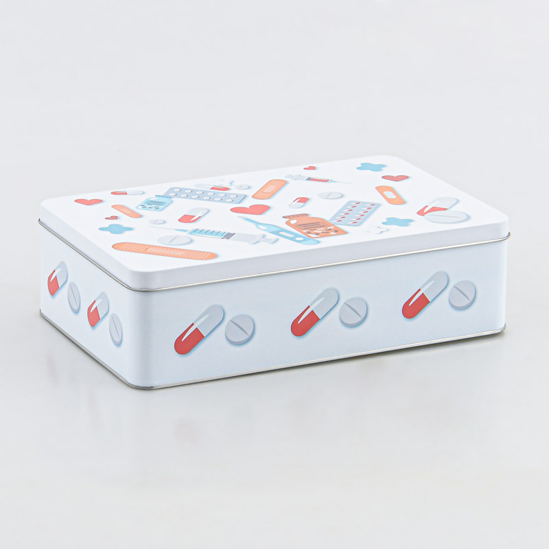 Boîte métal rectangulaire motif médicaments 