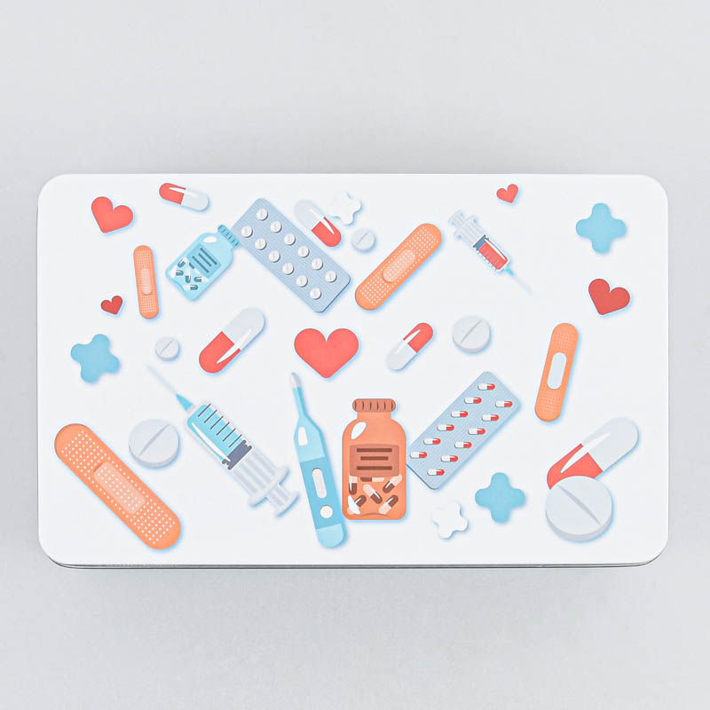 Boîte métal rectangulaire motif médicaments 