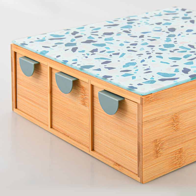 Boite à thé et à café 3 tiroirs beige bleu