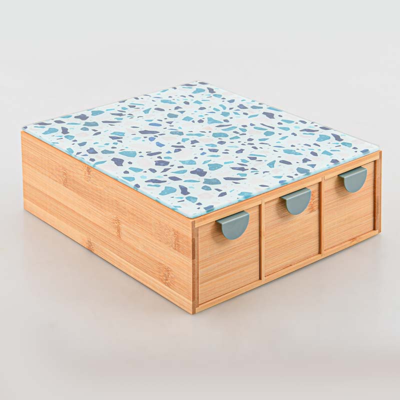 Boite à thé et à café 3 tiroirs beige bleu