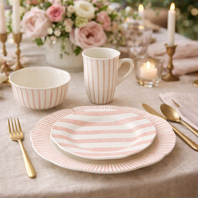 Assiette plate à lignes roses 'Olynea'