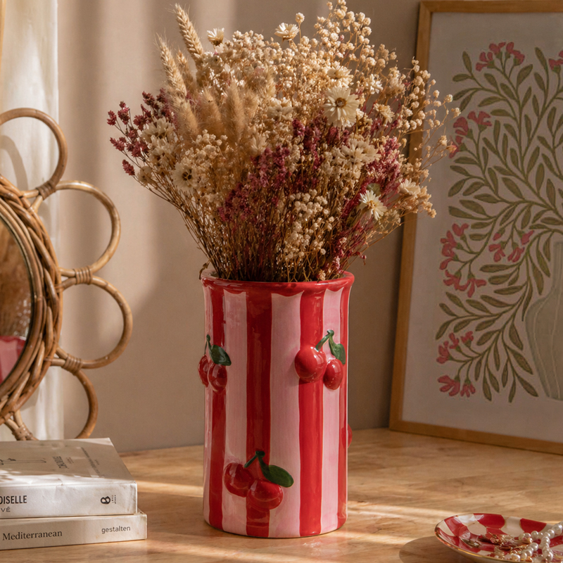 Vase rayé cerise rouge et rose