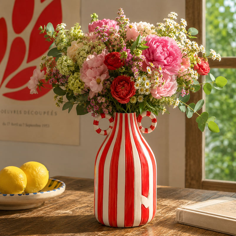 Vase rayé 'Retronova' rouge et blanc