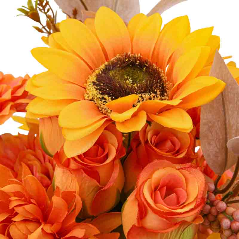Bouquet rose chrysanthème et tournesol orange