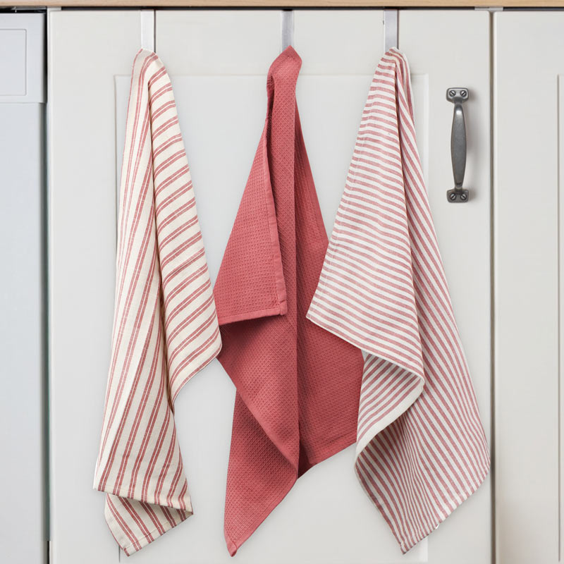 Lot de 3 torchons 'Elma' vieux rose et blanc
