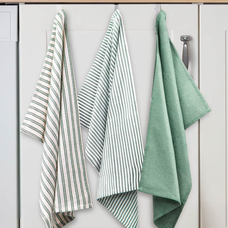 Lot de 3 torchons 'Elma' vert et blanc