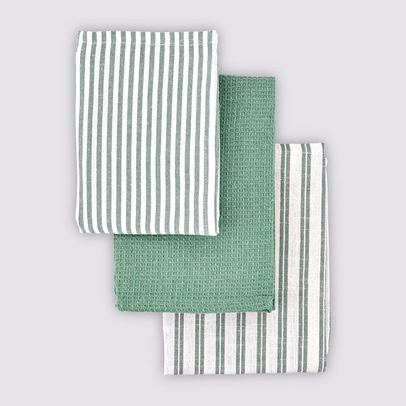 Lot de 3 torchons 'Elma' vert et blanc
